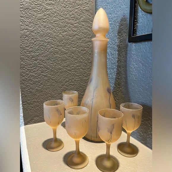 Vintage  7 Pc Rueven Nouveau Art Glass Frosted Wine Water Decanter & glasses - Picture 8 of 8